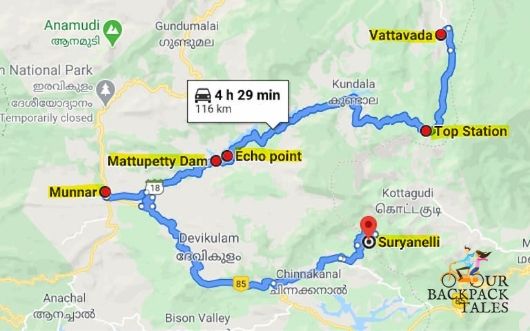 Route map for Day 1 of 3 day munnar travel guide